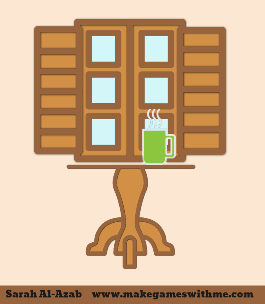A table with a drink on it and an open window in-front of it signifies break time and change of scenery