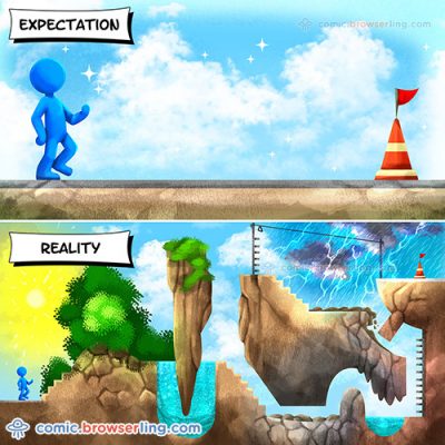 Cartoon of expectation versus reality when implementing an idea